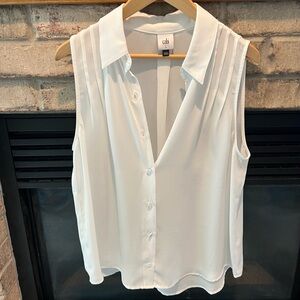 CAbi White Sleeveless Pleated-Shoulder Button Down Top